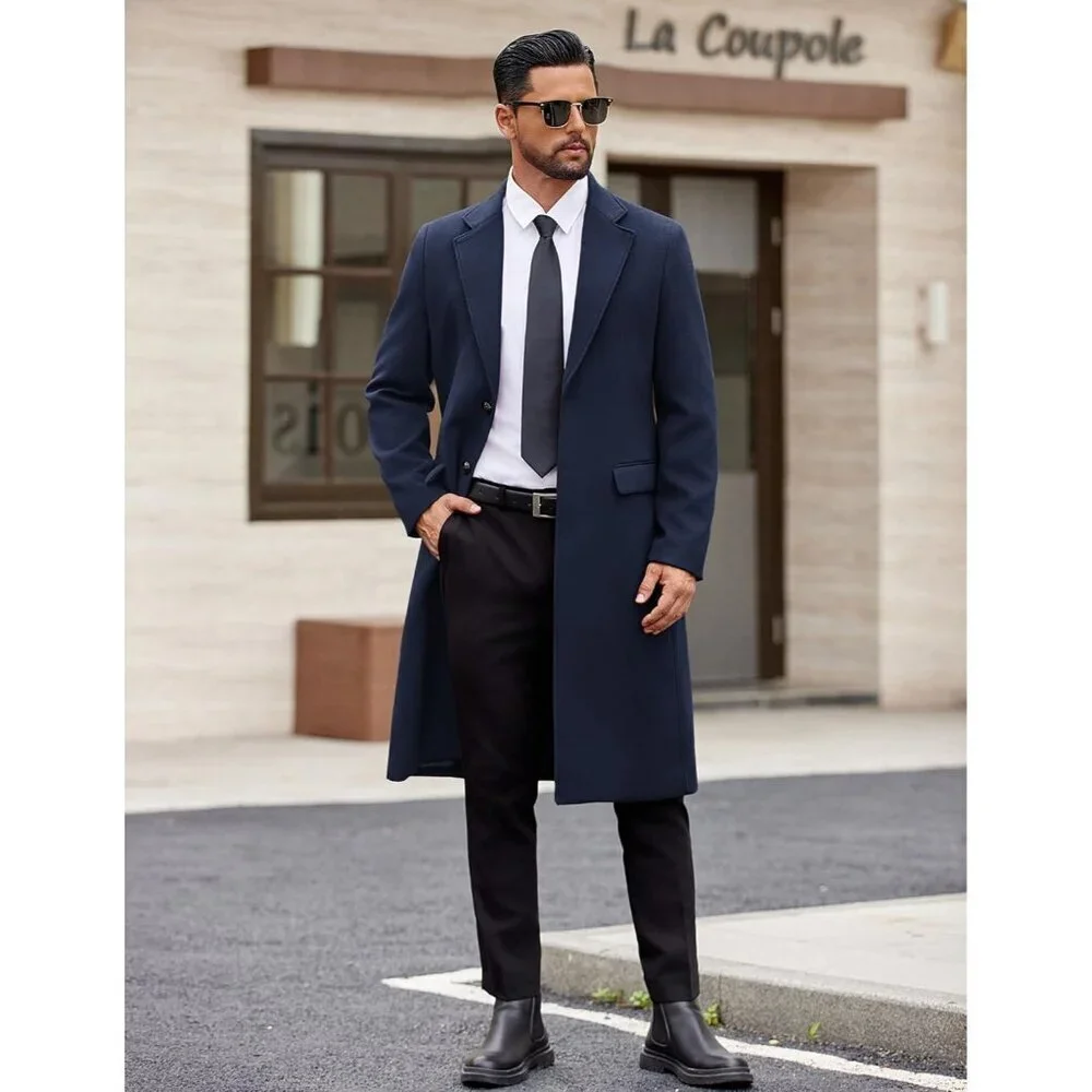 Men's Navy Blue Trench Coat Long Casual Notched Collar Wool Blend Pea coat